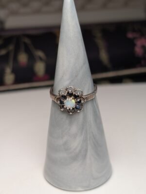 Vintage Sterling Silver 1991 Sapphire and Opal Ring | Size M 1/2 | 925 Silver