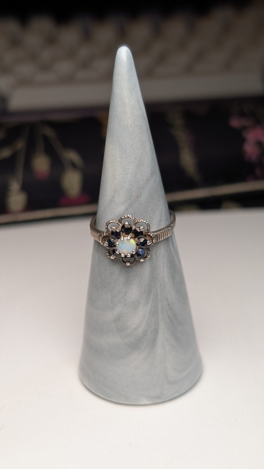Vintage Sterling Silver 1991 Sapphire and Opal Ring | Size M 1/2 | 925 Silver