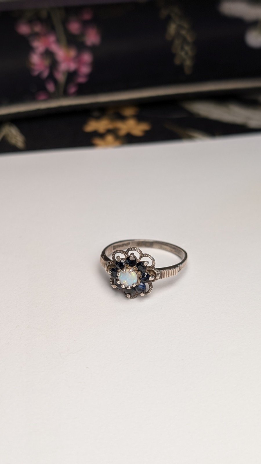 Vintage Sterling Silver 1991 Sapphire and Opal Ring | Size M 1/2 | 925 Silver - Image 2