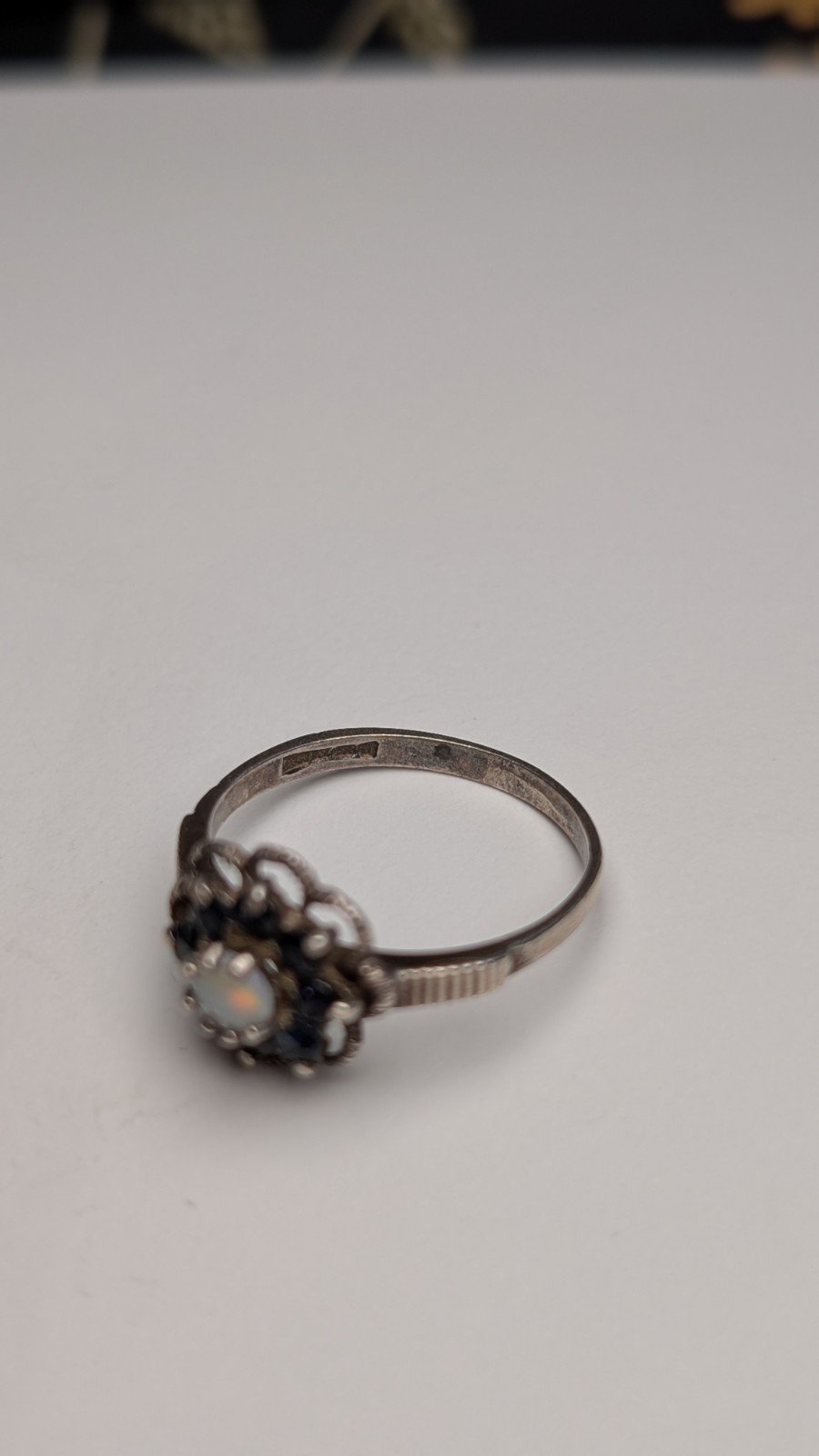 Vintage Sterling Silver 1991 Sapphire and Opal Ring | Size M 1/2 | 925 Silver - Image 4