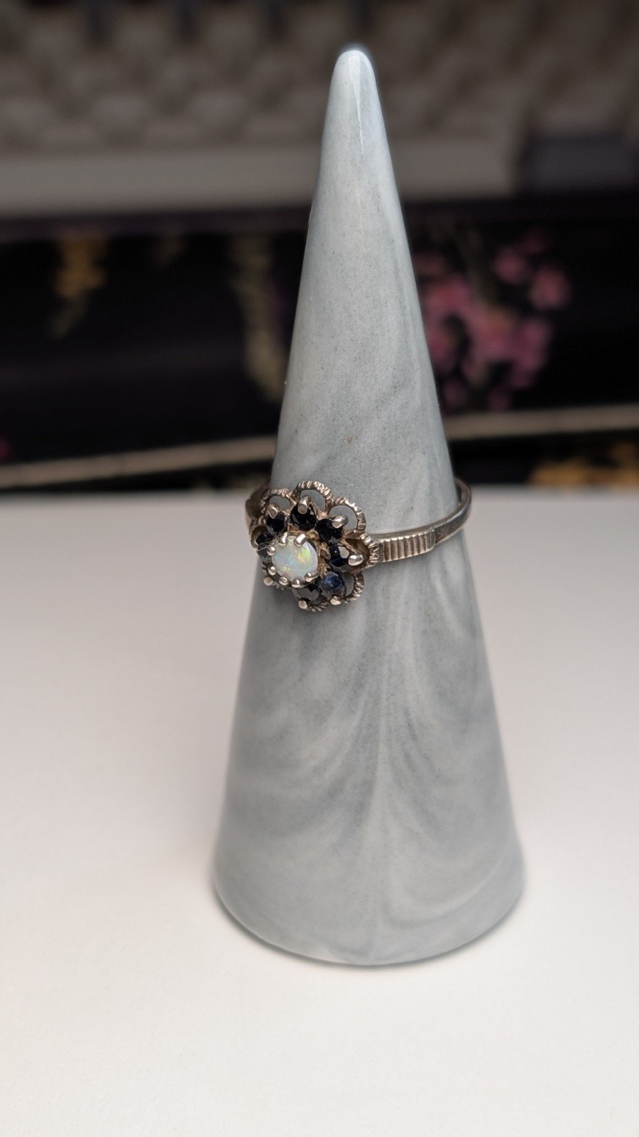 Vintage Sterling Silver 1991 Sapphire and Opal Ring | Size M 1/2 | 925 Silver - Image 5