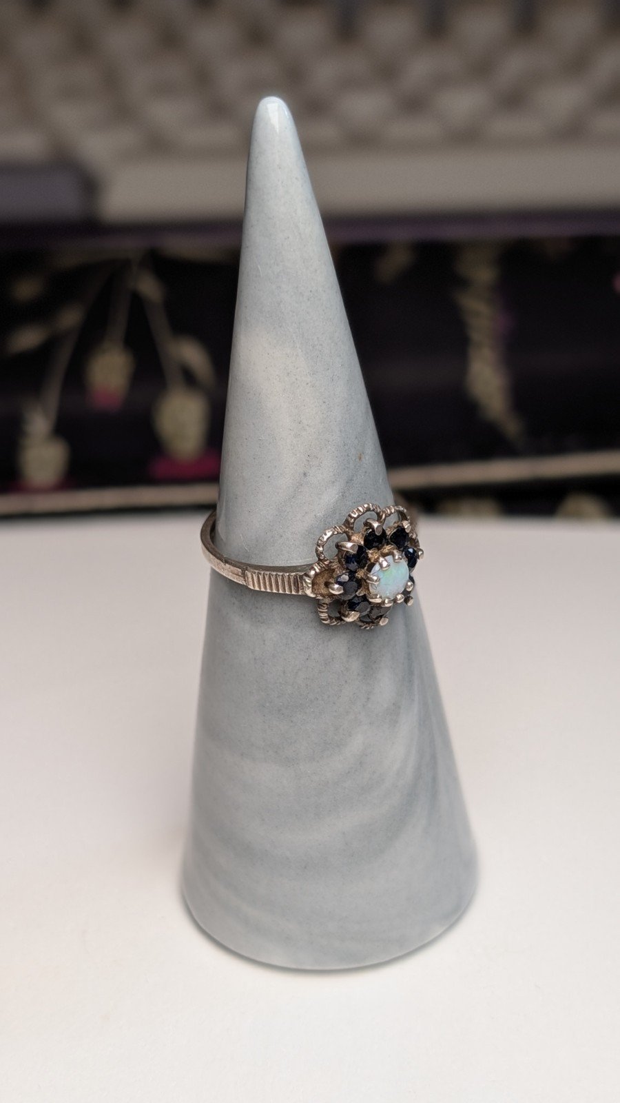 Vintage Sterling Silver 1991 Sapphire and Opal Ring | Size M 1/2 | 925 Silver - Image 6