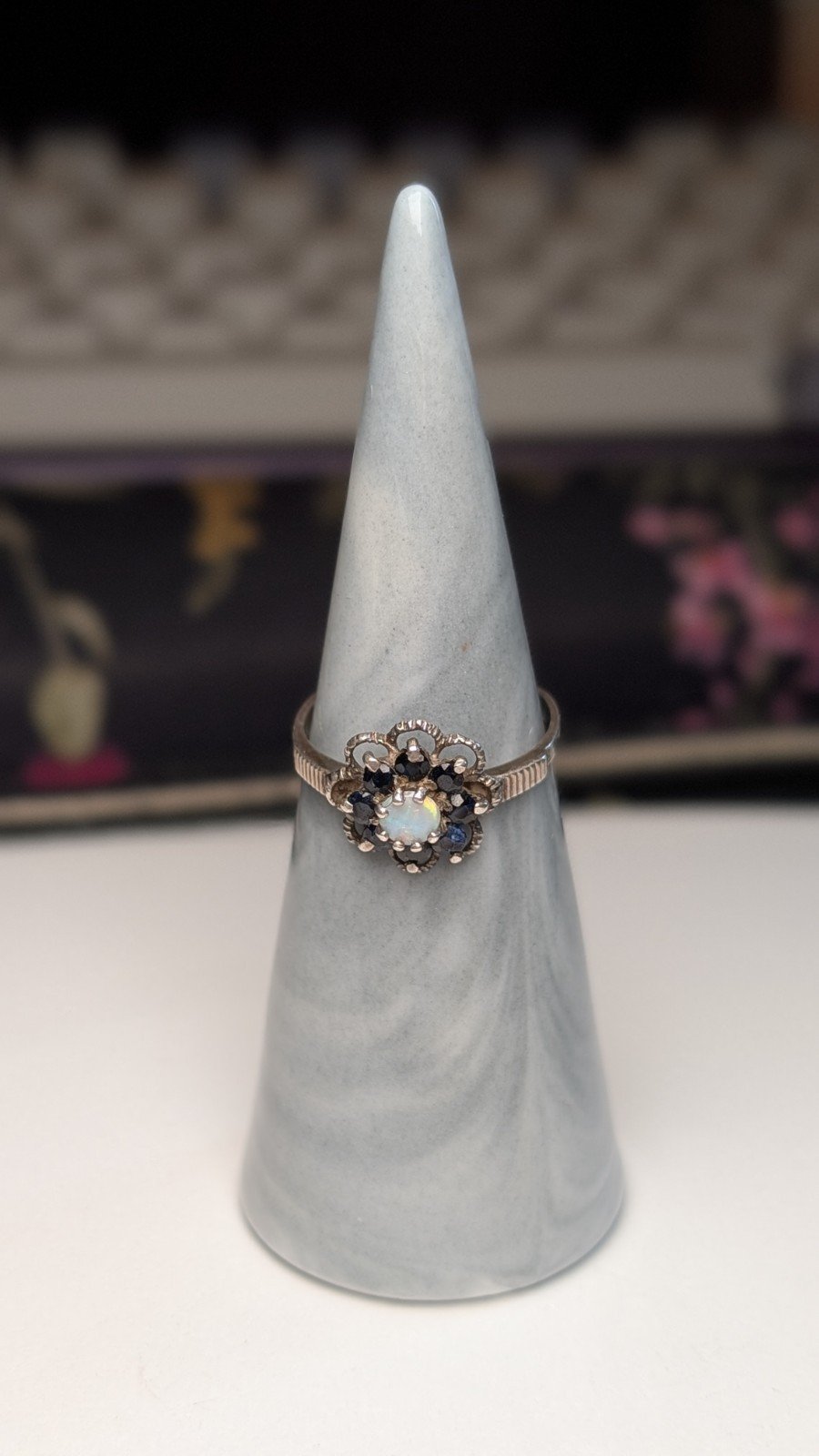 Vintage Sterling Silver 1991 Sapphire and Opal Ring | Size M 1/2 | 925 Silver - Image 9