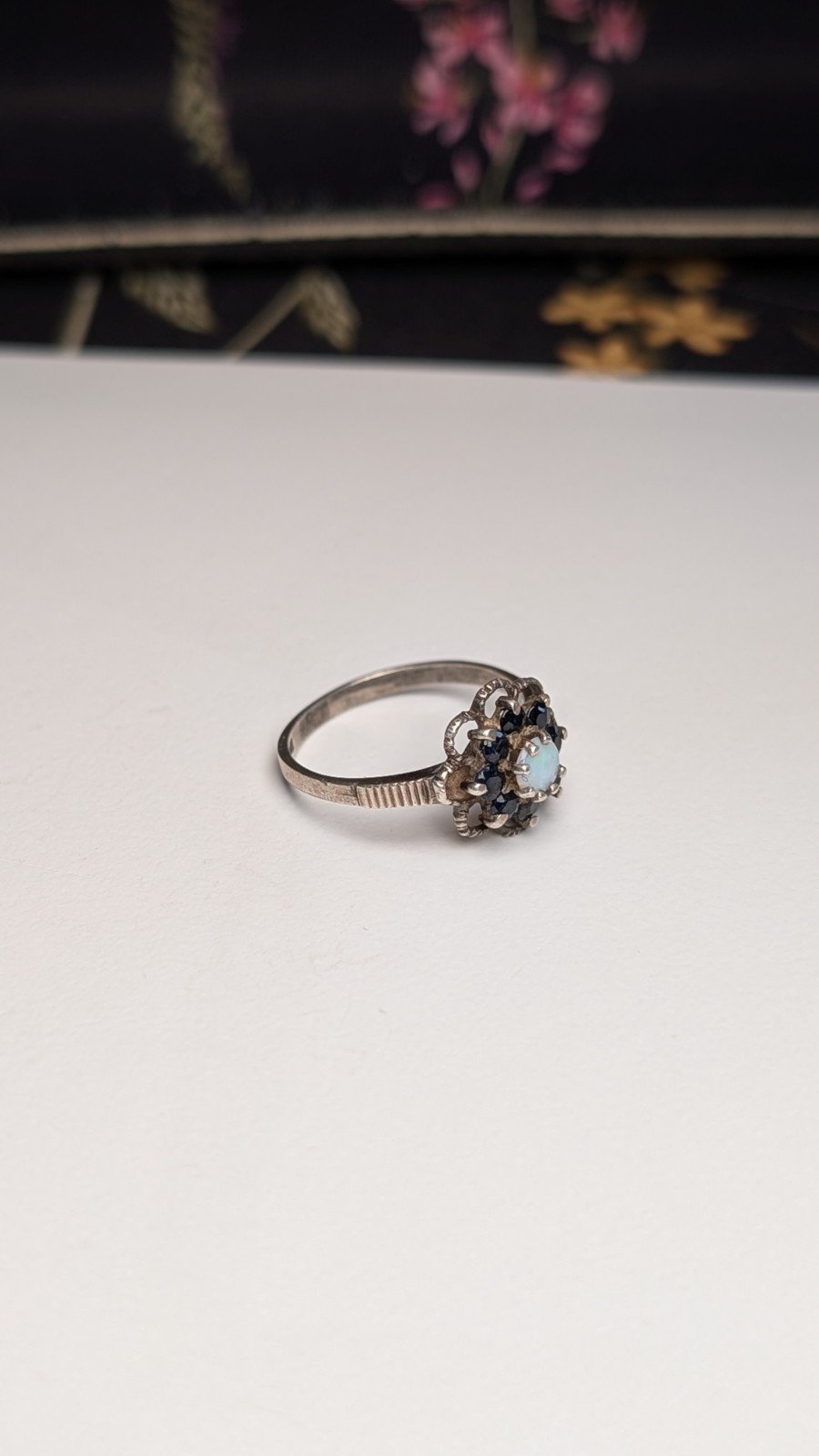 Vintage Sterling Silver 1991 Sapphire and Opal Ring | Size M 1/2 | 925 Silver - Image 11