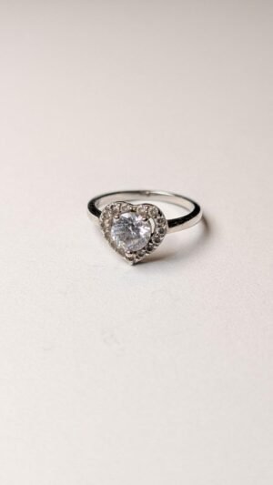 Vintage Sterling Silver Heart Clear Gemstone Ring | Size J 1/2 | 925 Silver