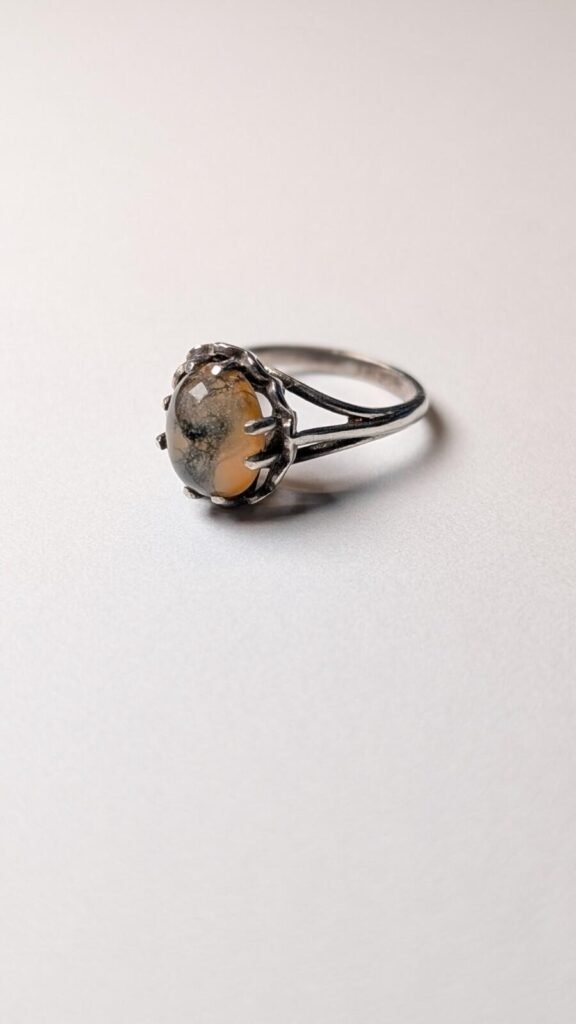Vintage Sterling Silver Moss Agate Ring | Size J 1/2 | 925 Silver