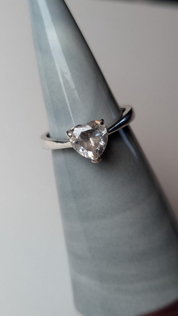 Vintage Sterling Silver Heart Clear Gemstone Ring | Size N 1/2 | 925 Silver