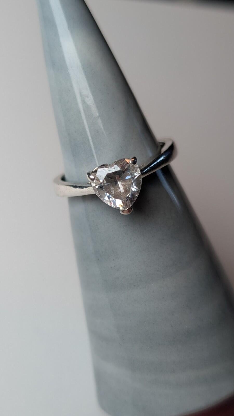 Vintage Sterling Silver Heart Clear Gemstone Ring | Size N 1/2 | 925 Silver