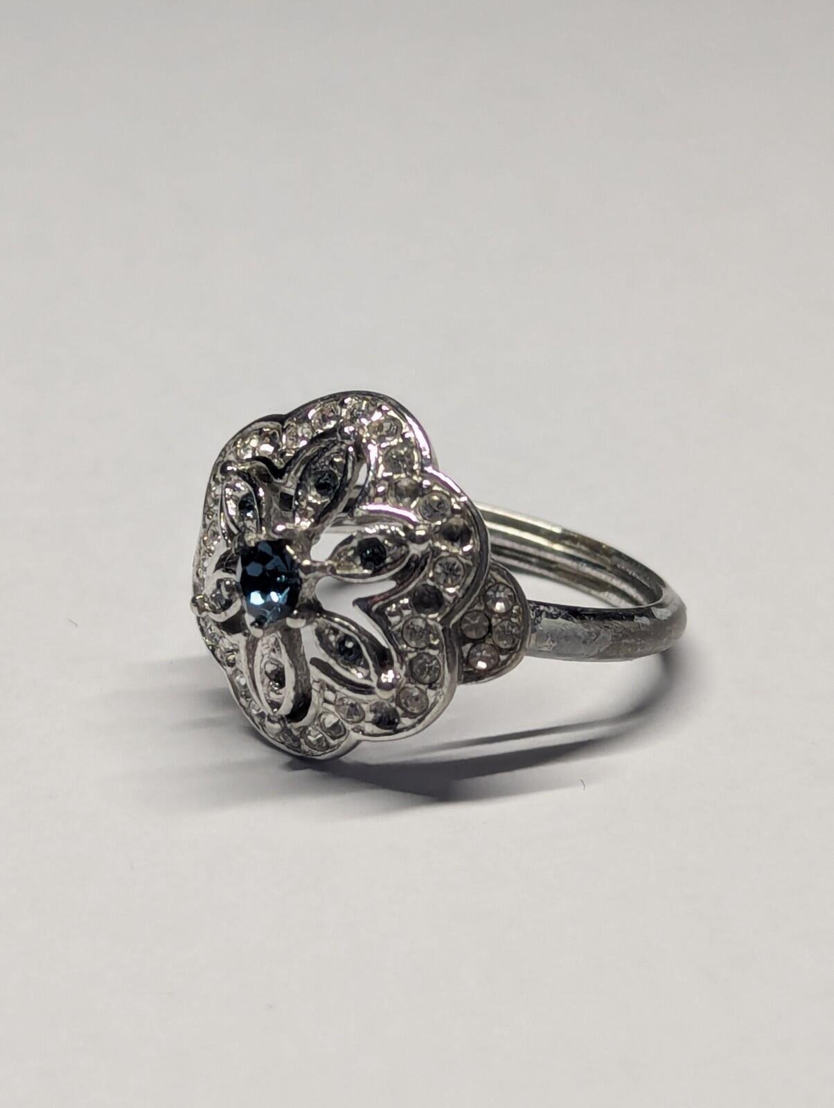 Vintage Costume Jewellery Blue And Clear Gemstones Ring | Size N 1/2