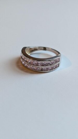 Vintage Sterling Silver 2 Row Pink Gem Ring | Size P 1/2 | 925 Silver