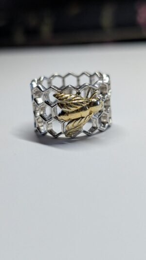 Vintage Sterling Silver Honeycomb Ring With Gold Tone Bee | Size L | 925 Silver