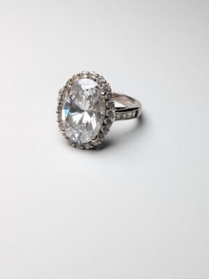 Vintage Sterling Silver Clear DQCZ Halo Statement Ring | Size M 1/2 | 925 Silver