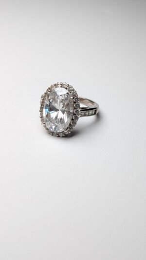 Vintage Sterling Silver Clear DQCZ Halo Statement Ring | Size M 1/2 | 925 Silver