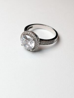 Vintage Sterling Silver Clear CZ Halo Gemstone Ring | Size O | 925 Silver