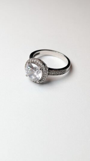 Vintage Sterling Silver Clear CZ Halo Gemstone Ring | Size O | 925 Silver