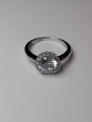 Vintage Sterling Silver Clear DQCZ Halo Gemstone Ring | Size Q 1/2 | 925 Silver