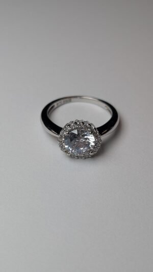 Vintage Sterling Silver Clear DQCZ Halo Gemstone Ring | Size Q 1/2 | 925 Silver