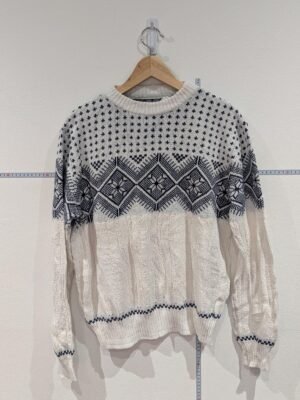 Vintage White Rob Winter Patterned Cardigan Jumper Medium M Long Sleeve Retro