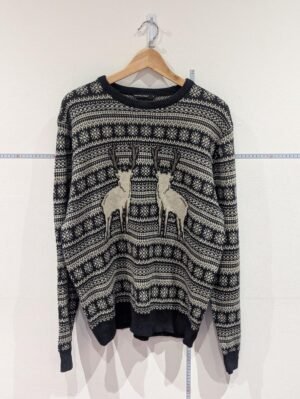 Vintage Large Dark Blue And White Deer Reindeer Christmas Jumper Cardigan L