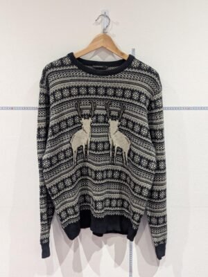 Vintage Large Dark Blue And White Deer Reindeer Christmas Jumper Cardigan L