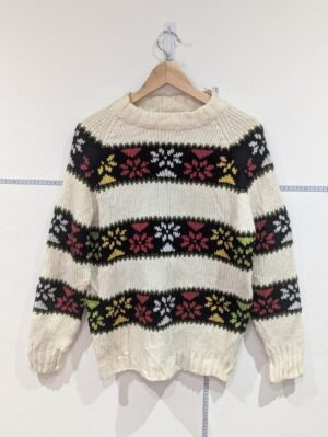 Vintage Cream Jumper Swearer Size Large L Hand Embroidered Long Sleeve Zip Up