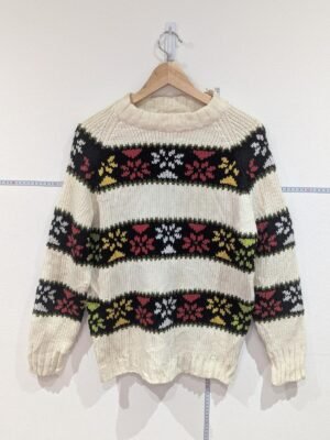 Vintage Cream Jumper Swearer Size Large L Hand Embroidered Long Sleeve Zip Up