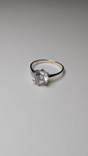 Vintage Sterling Silver CZ Solitaire Clear Gemstone Ring | Size O | 925 Silver
