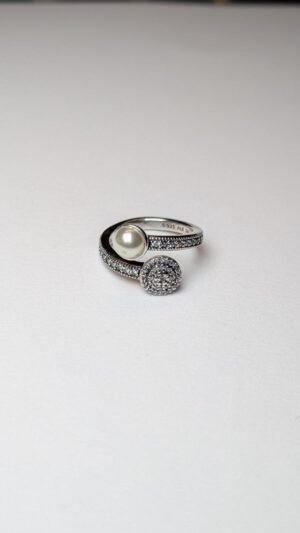 Pandora Sterling Silver Luminous Glow White Crystal Pearl Clear CZ Ring | K 1/2