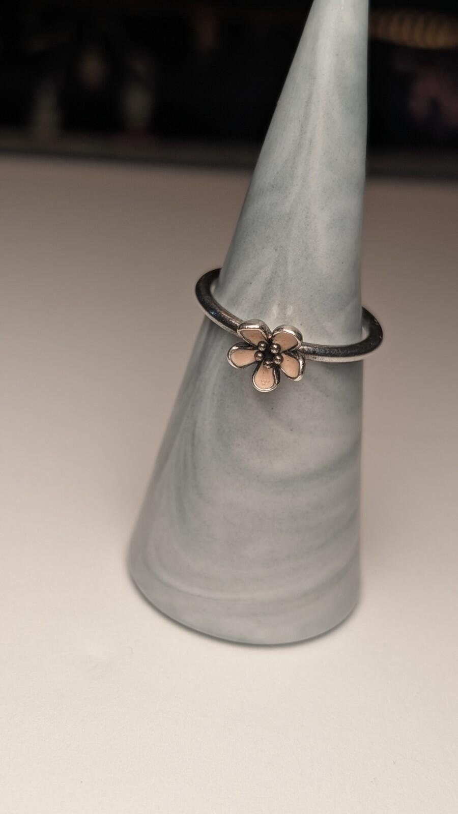 Genuine Pandora Sterling Silver Pink Enamel Cherry Blossom Flower Ring | Size P