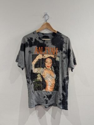 Vintage Style Aaliyah Portrait Grey & Black T Shirt Size Large