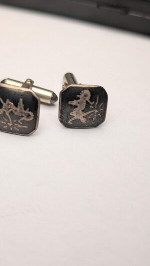 Vintage Sterling Silver Siam Black Niello Cuff Links | 925 Silver