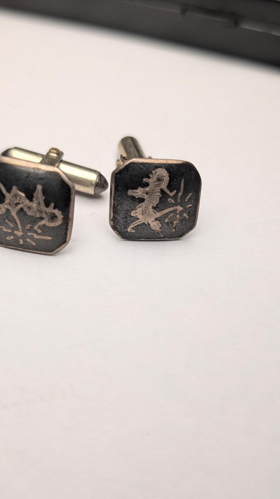 Vintage Sterling Silver Siam Black Niello Cuff Links | 925 Silver