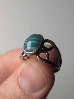 Vintage Sterling Silver 1977 Green Banded Agate Ring | Size K | 925 Silver