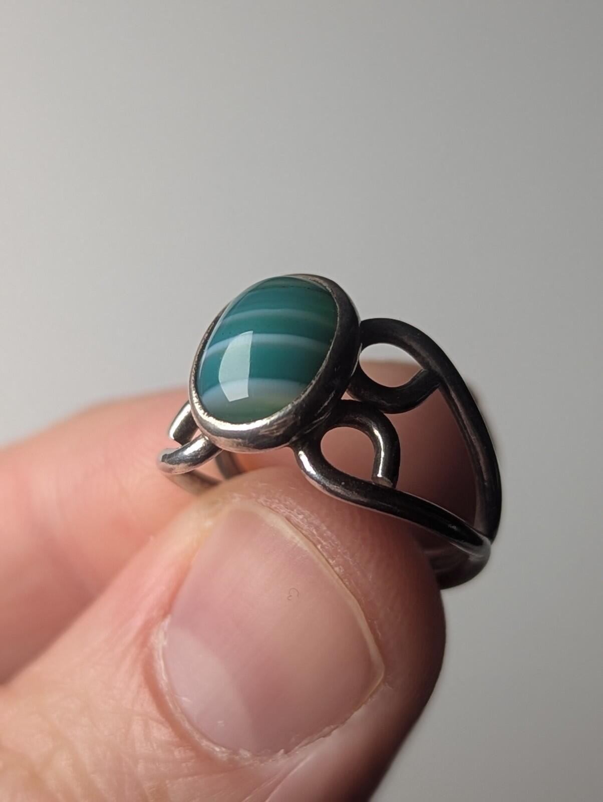 Vintage Sterling Silver 1977 Green Banded Agate Ring | Size K | 925 Silver
