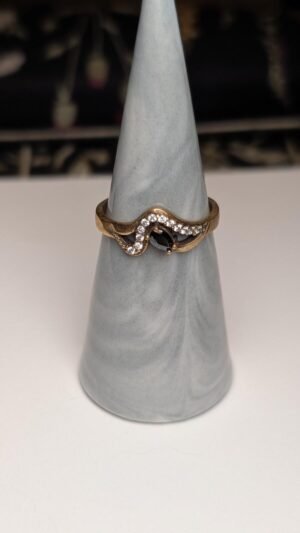 Vintage Sterling Silver Clear Gemstone & Black Onyx Two Tone Ring | Size R | 925