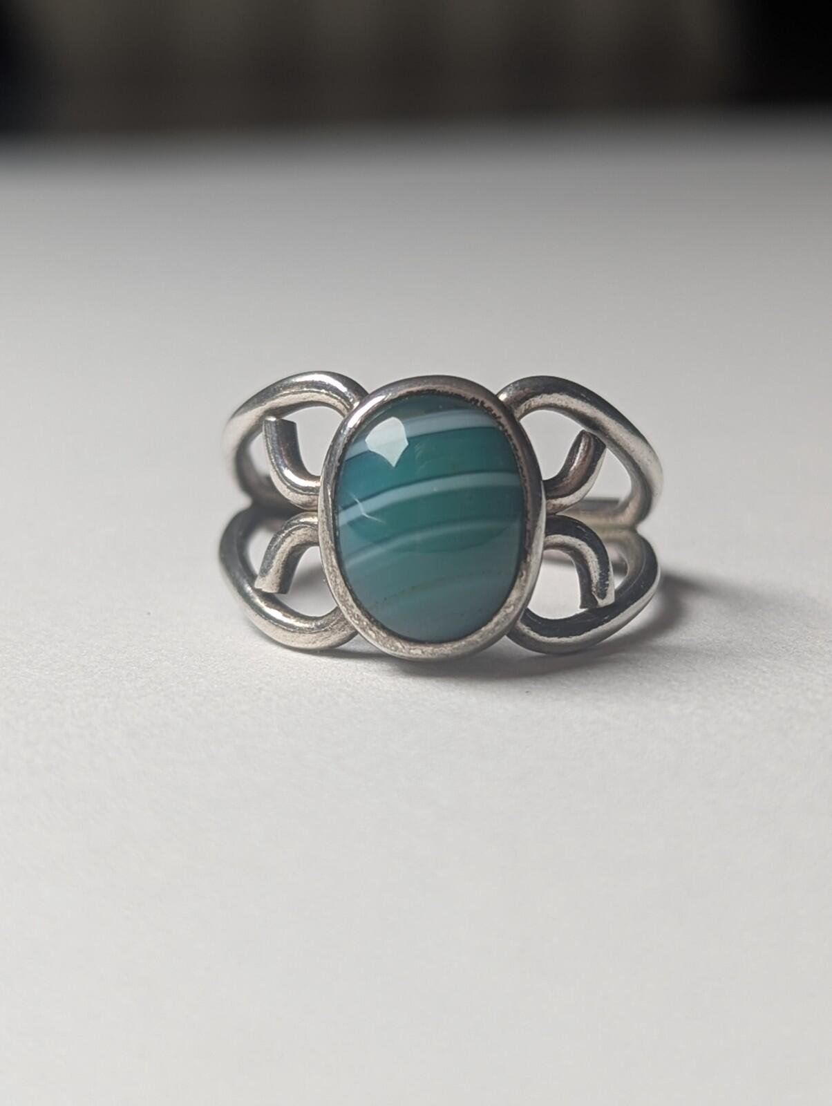 Vintage Sterling Silver 1977 Green Banded Agate Ring | Size K | 925 Silver - Image 8