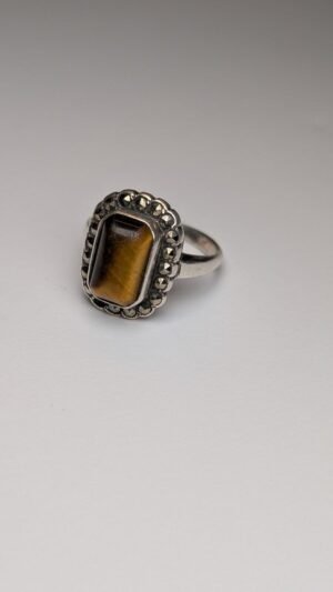 Vintage Sterling Silver Marcasite & Tigers Eye Gemston Ring | Size N | 925