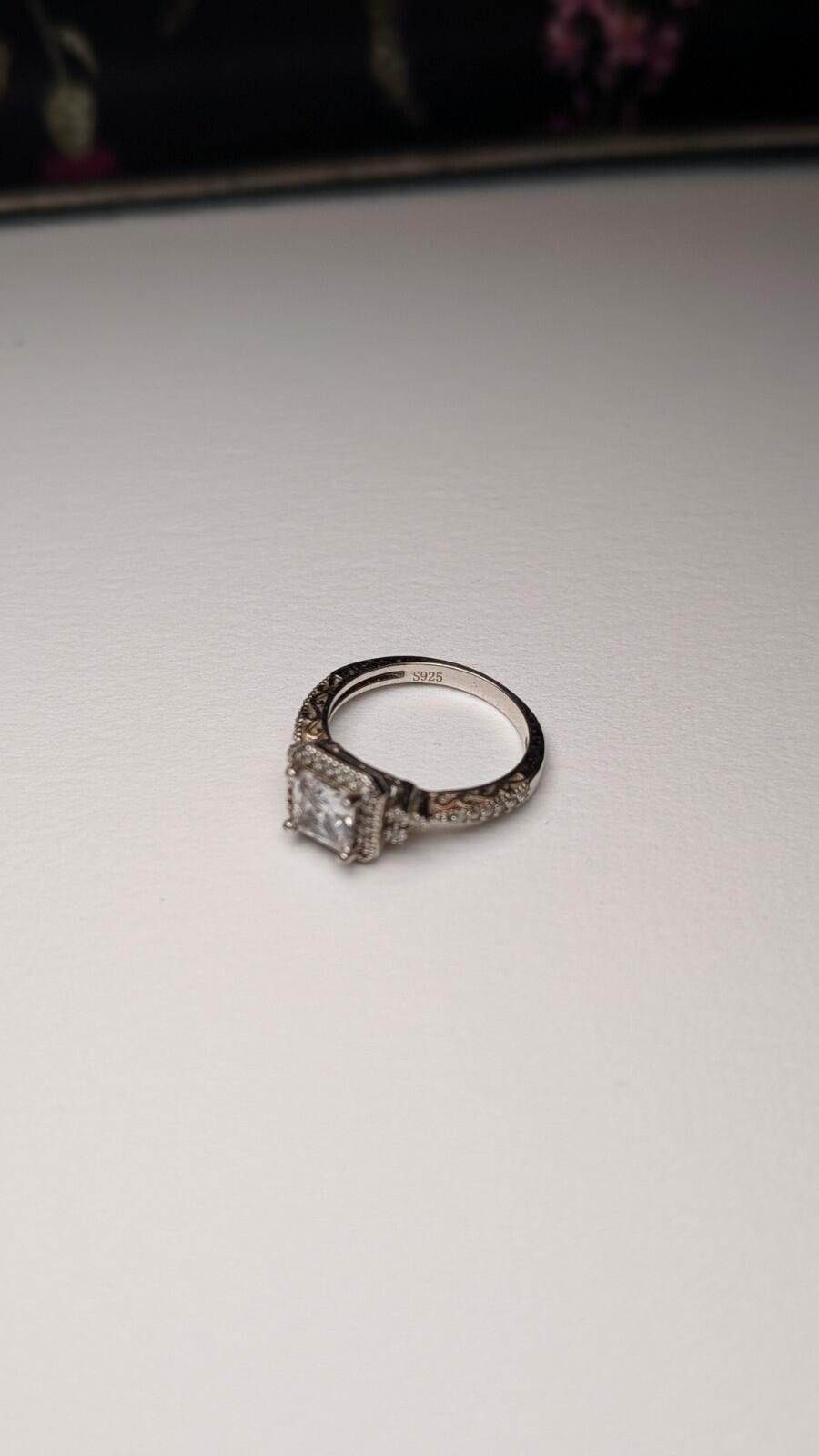 Vintage Sterling Silver Halo Princess Cut Pave Set CZ Stones Ring | Size O | 925