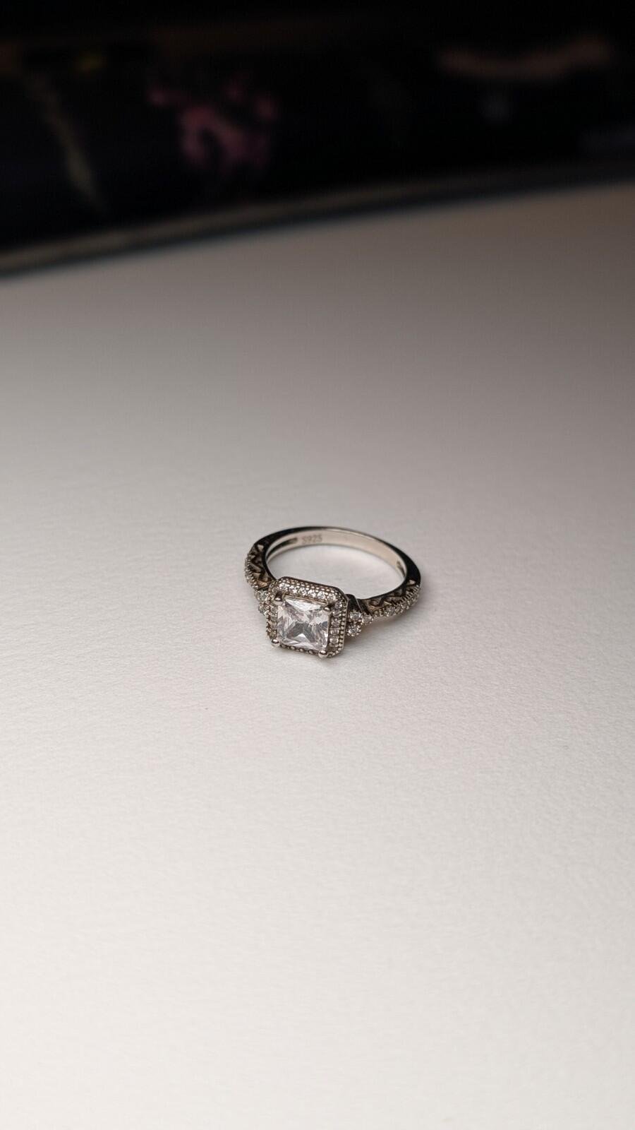 Vintage Sterling Silver Halo Princess Cut Pave Set CZ Stones Ring | Size O | 925 - Image 2