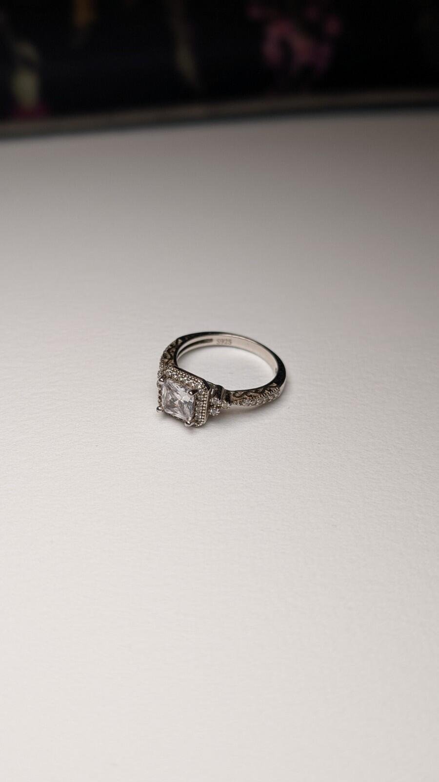 Vintage Sterling Silver Halo Princess Cut Pave Set CZ Stones Ring | Size O | 925 - Image 3