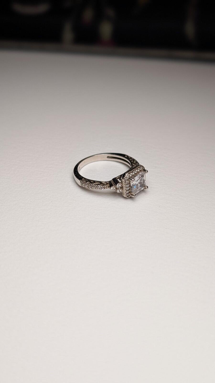 Vintage Sterling Silver Halo Princess Cut Pave Set CZ Stones Ring | Size O | 925 - Image 4