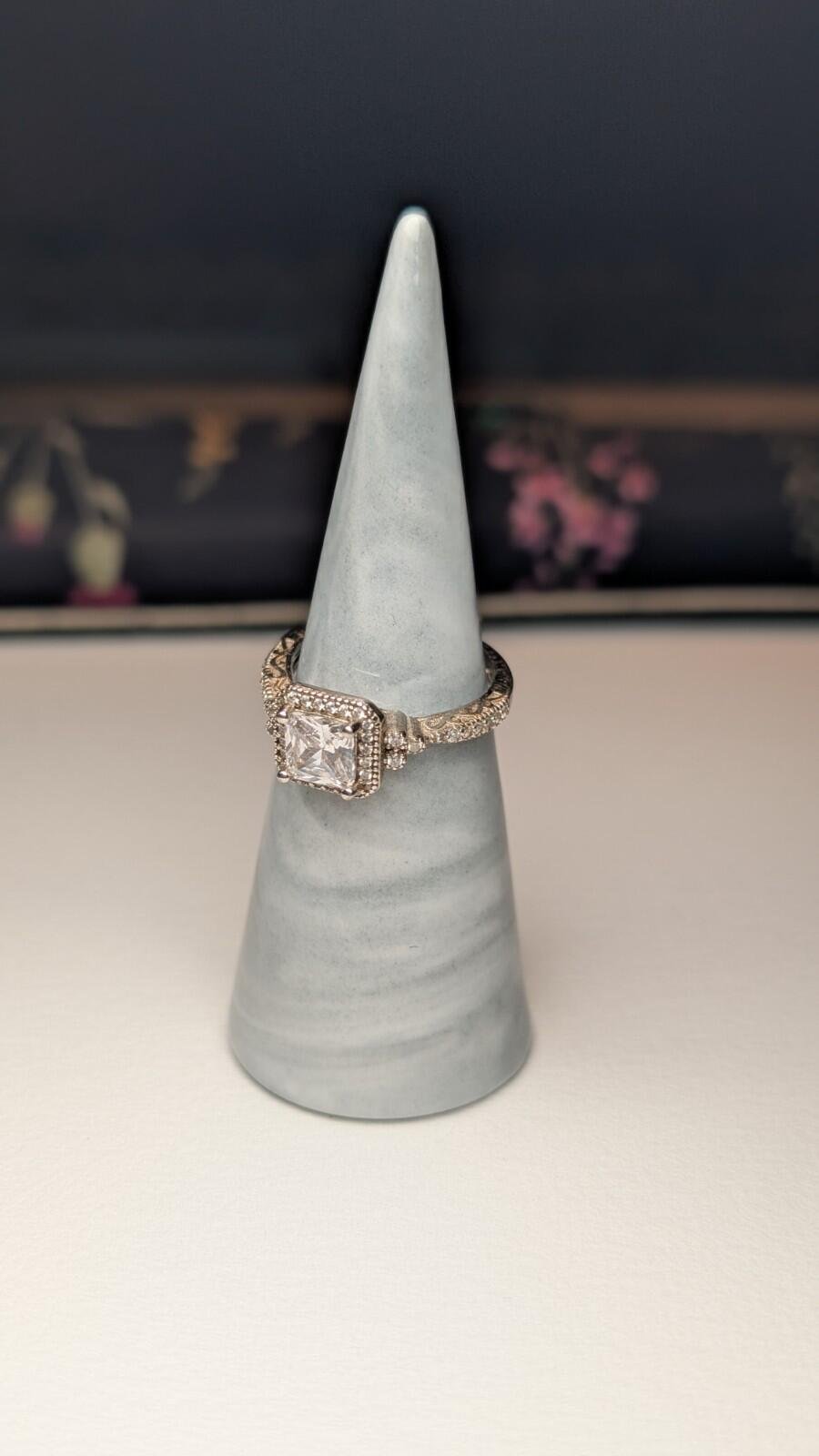 Vintage Sterling Silver Halo Princess Cut Pave Set CZ Stones Ring | Size O | 925 - Image 8