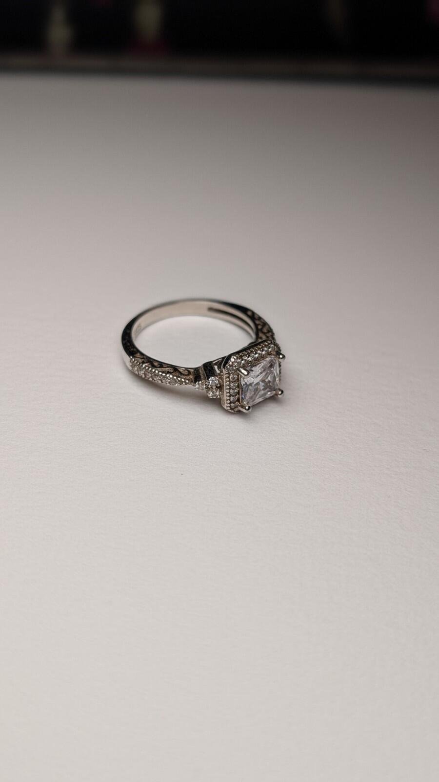 Vintage Sterling Silver Halo Princess Cut Pave Set CZ Stones Ring | Size O | 925 - Image 9