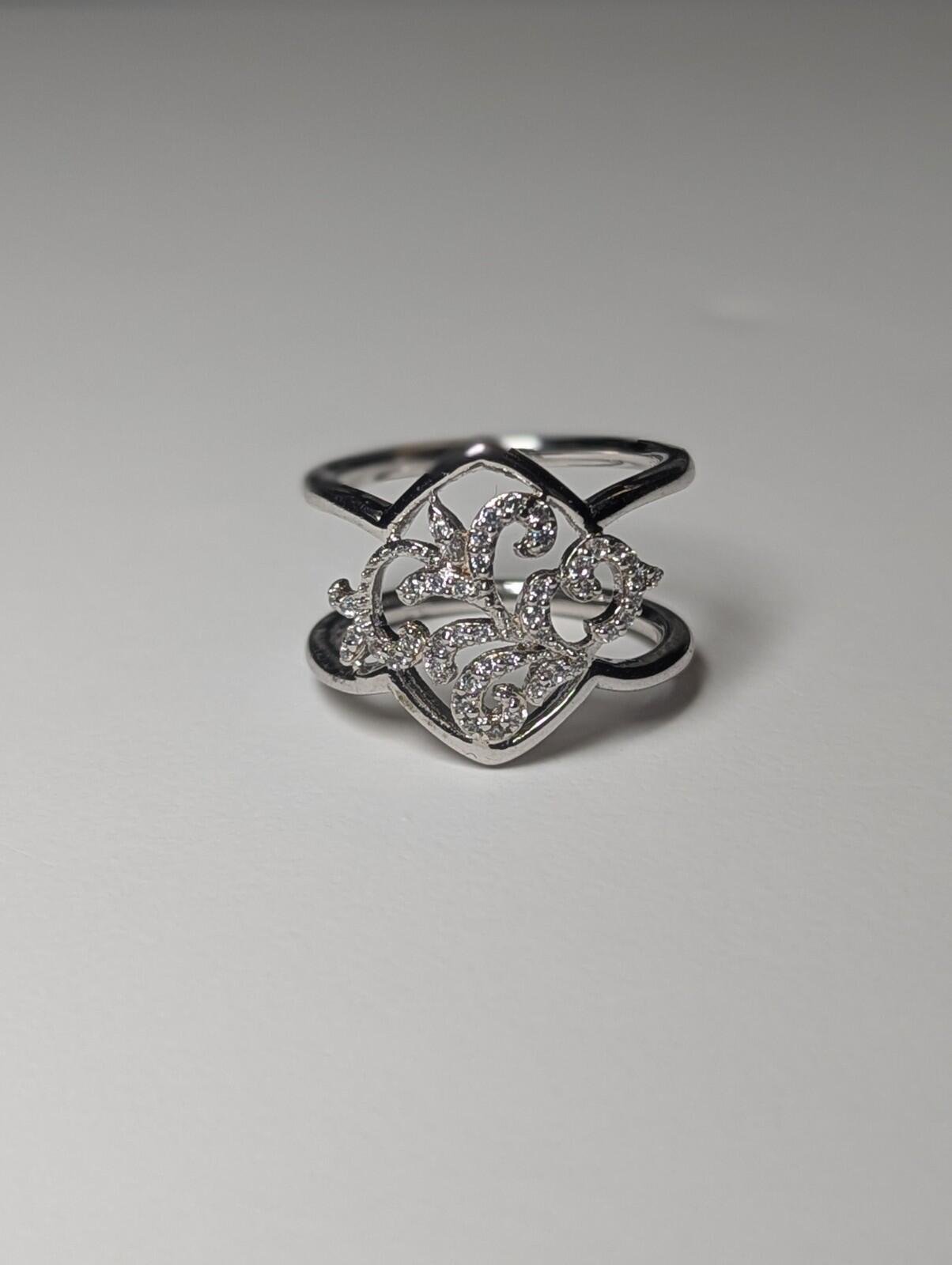 Vintage Sterling Silver Double Band CZ Stones Floral Design Ring | Size M 1/2