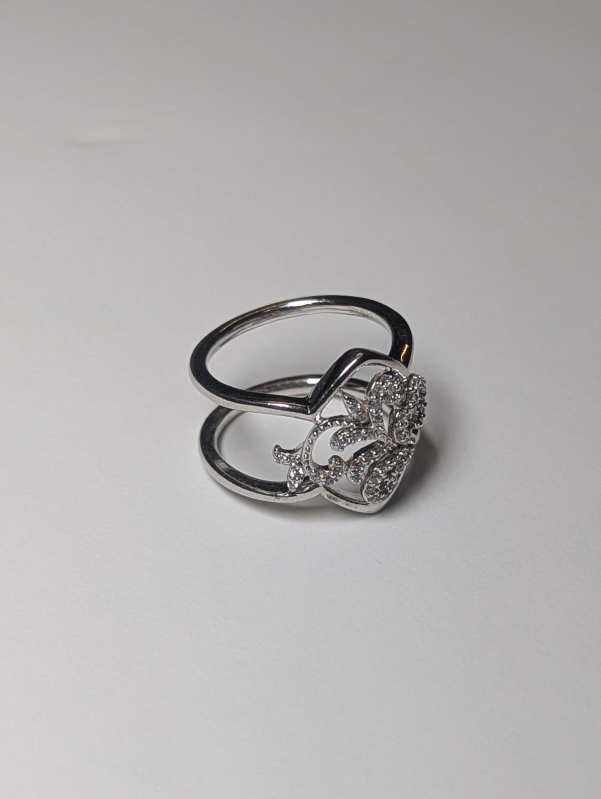 Vintage Sterling Silver Double Band CZ Stones Floral Design Ring | Size M 1/2 - Image 2