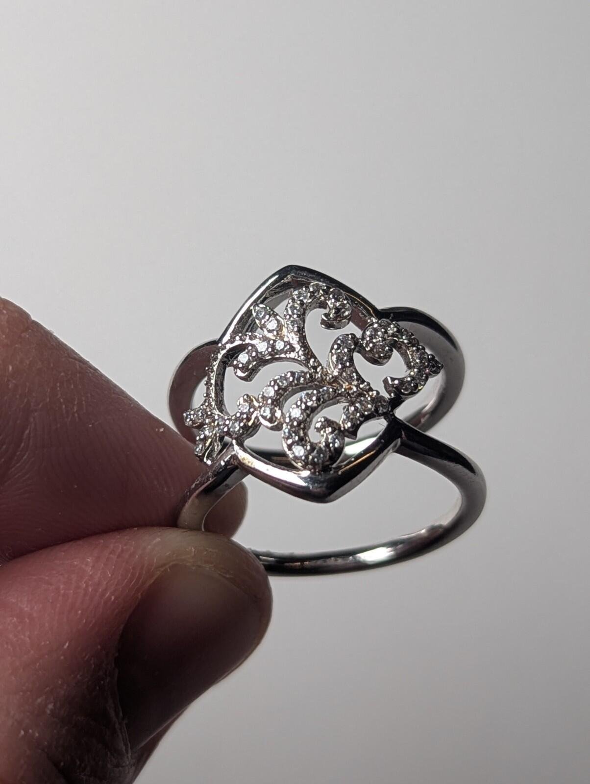 Vintage Sterling Silver Double Band CZ Stones Floral Design Ring | Size M 1/2 - Image 4