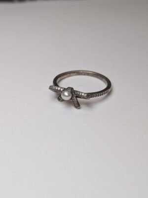 Genuine Sterling Silver Pandora Pearl Bow Ring | Size Q 1/2 | S925 ALE Silver