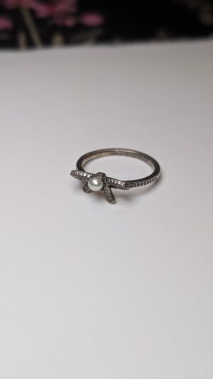 Genuine Sterling Silver Pandora Pearl Bow Ring | Size Q 1/2 | S925 ALE Silver