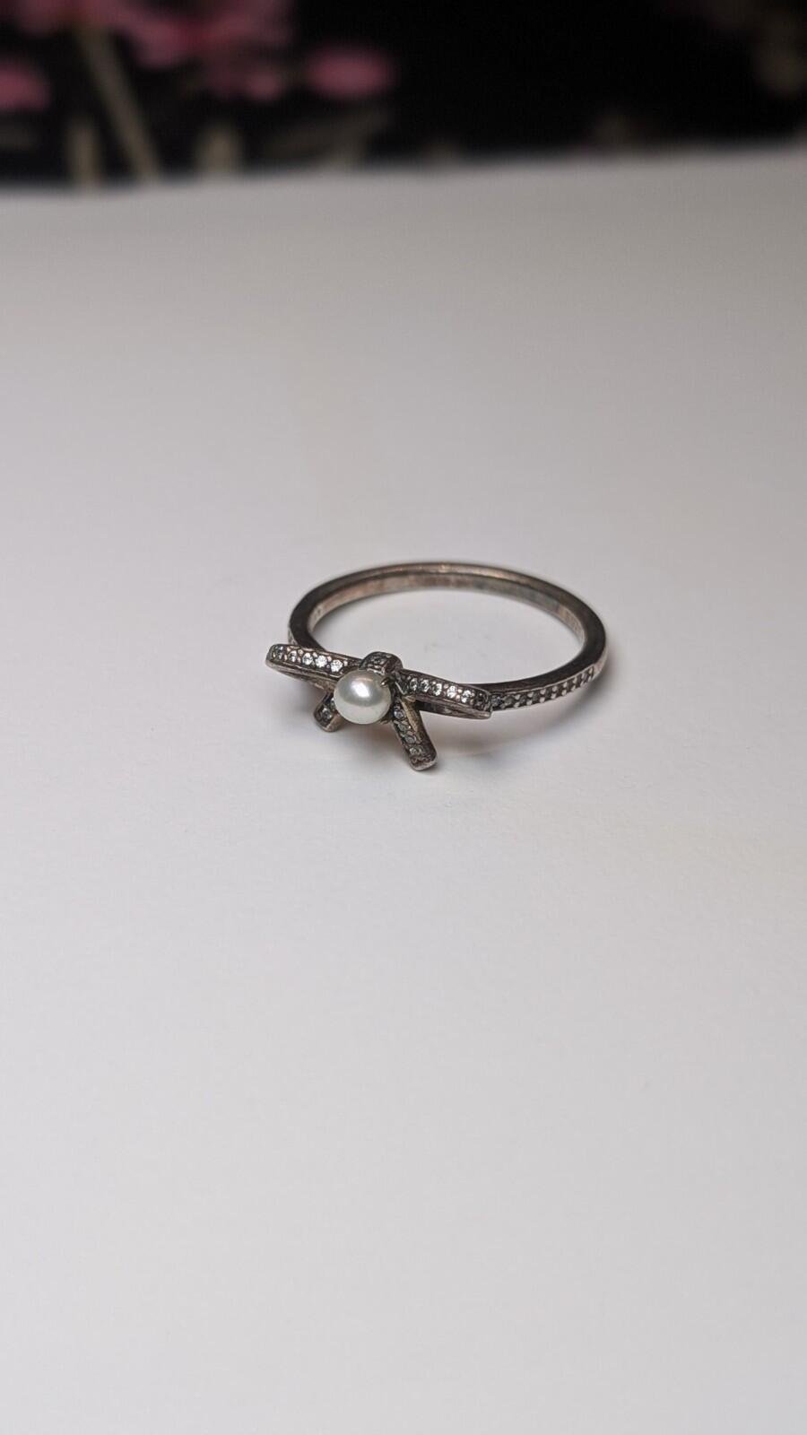 Genuine Sterling Silver Pandora Pearl Bow Ring | Size Q 1/2 | S925 ALE Silver