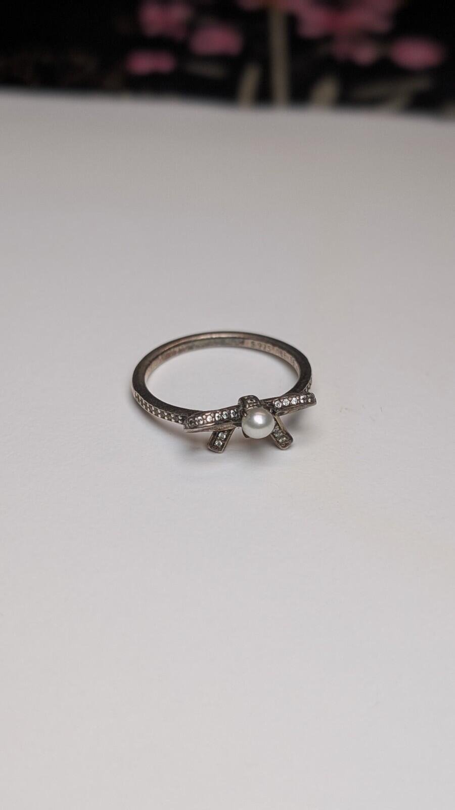 Genuine Sterling Silver Pandora Pearl Bow Ring | Size Q 1/2 | S925 ALE Silver - Image 2